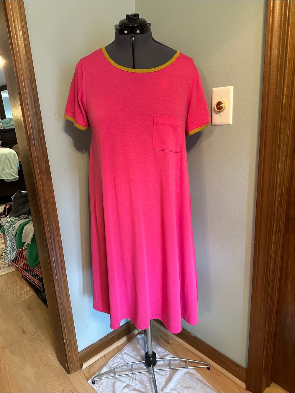 LuLaRoe Hot Pink Carly Dress with Gold Trim and Pocket